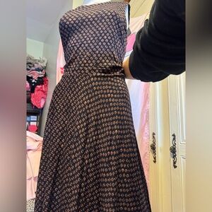 Loft sleeveless midi length brown/ blue patterned lined dress